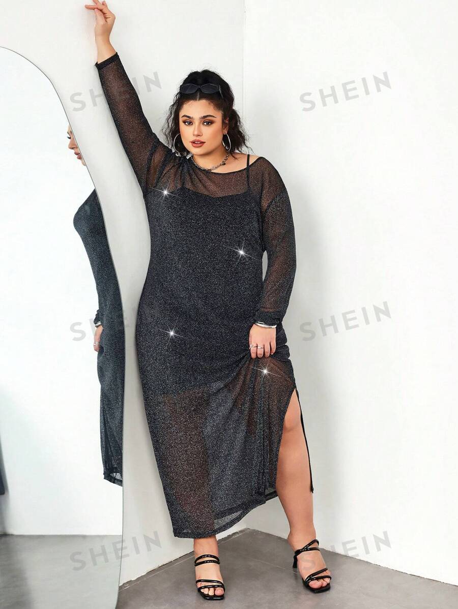 SHEIN CURVE+ Vestido de Body ceñido de talla grande con tirantes finos y malla negra de largo medio para mujeres