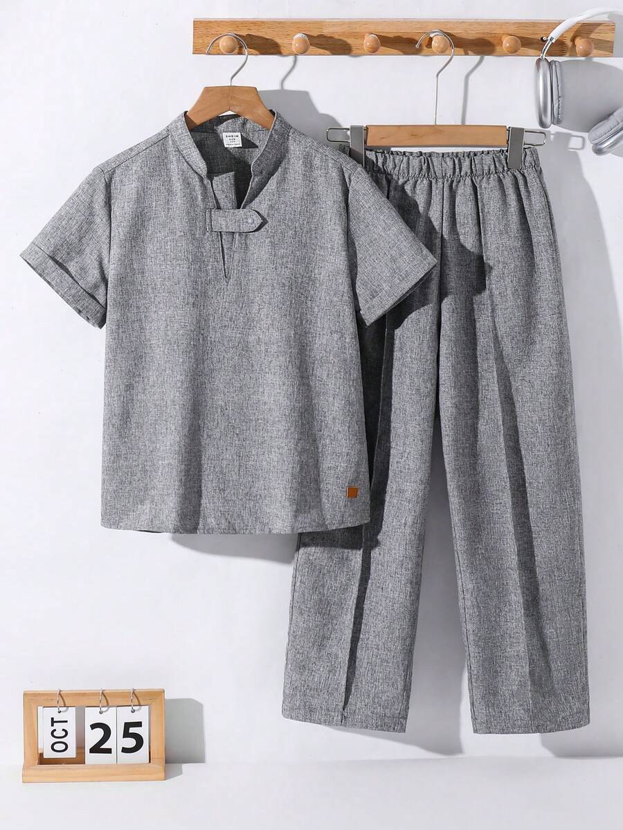 2pcs Tween Boy Casual Loose Short Sleeve Shirt And Long Pants Set, Suitable For Commuting, School, Daily Casual Outings, Sports, Spring & Summer