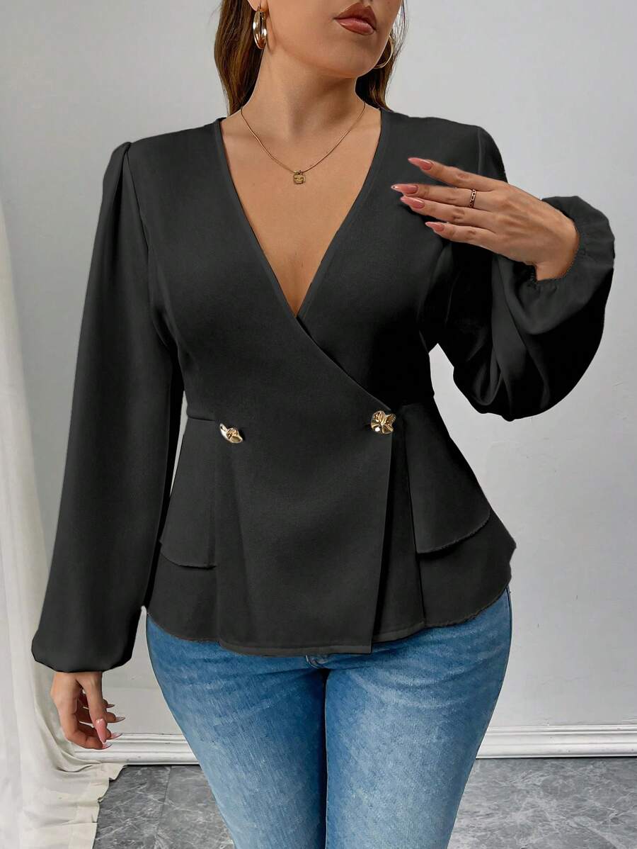 Celure Camicetta elegante e semplice da donna taglie forti, scollo a V, incrocio sul davanti, maniche a palloncino, vita stretta, adatta per primavera/autunno