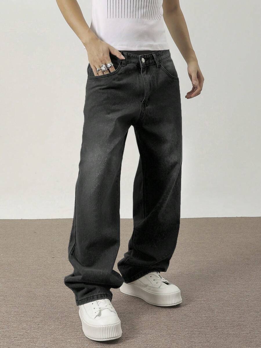 Manfinity Hypemode Pantalones vaqueros de hombre con bolsillos sesgados y pierna ancha con ajuste holgado