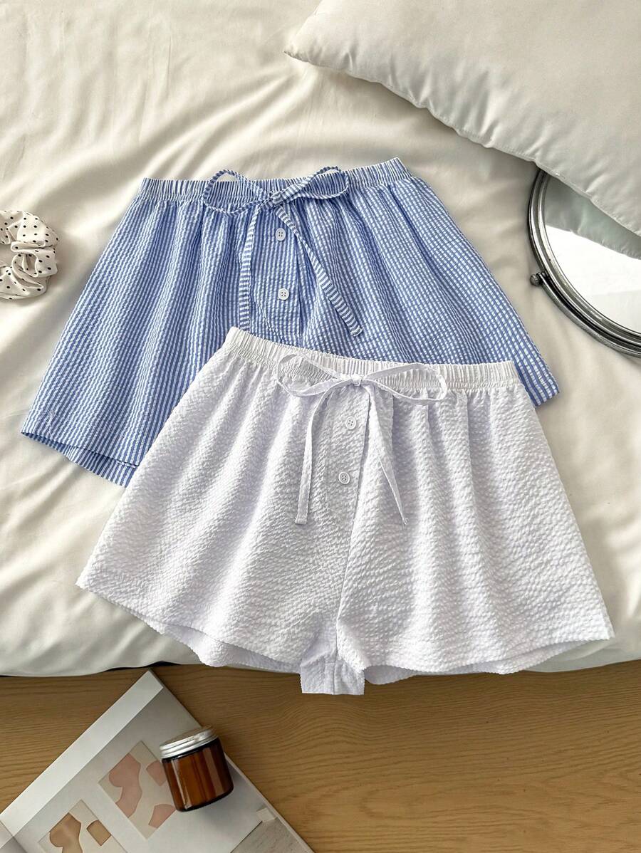 Set de 2 pantalones cortos de dormir informales y cómodos con estampado de rayas y cordón para mujer
