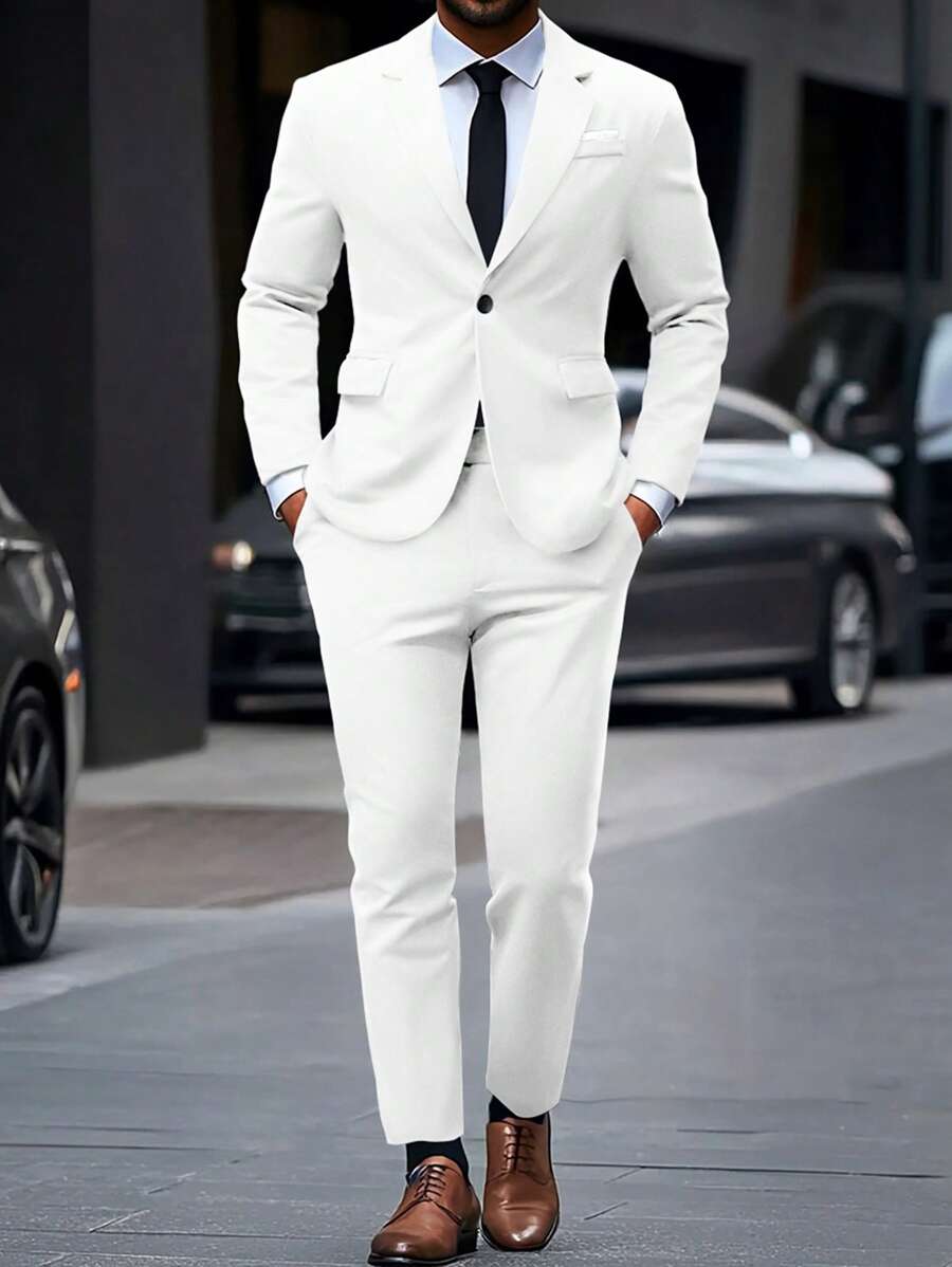 Manfinity Mode Men's Minimalist Solid Color Suit Jacket And Trousers Set White Men Suit