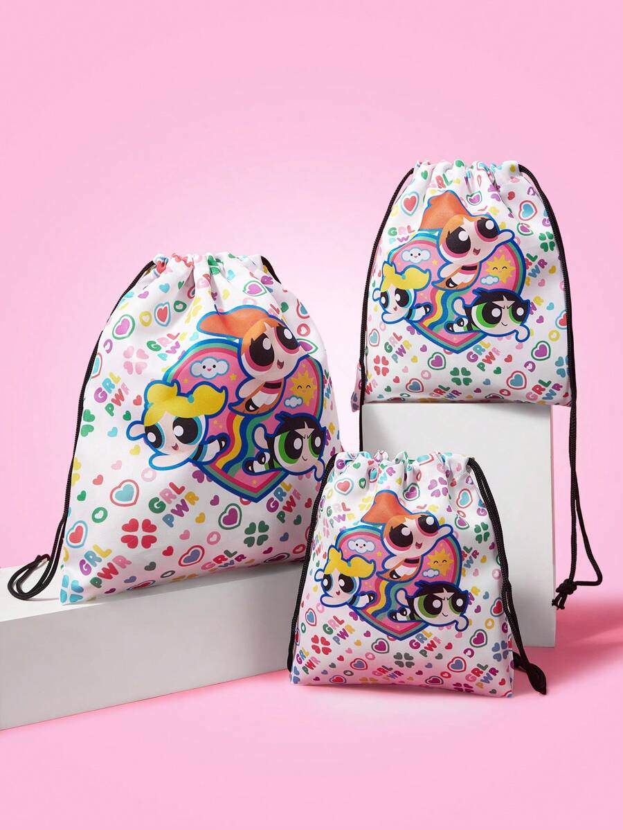 THE POWERPUFF GIRLS X SHEIN Bolsas de almacenamiento y viaje con estampado de Blossom, Bubbles y Buttercup, bolsas con cordón de varios tamaños