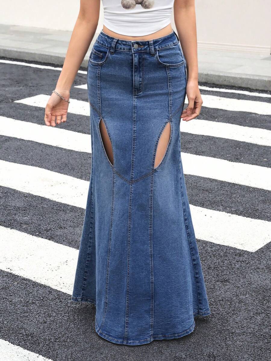 SHEIN EZwear Women's Denim Pencil Skirt, Casual Stretch Bodycon Fish Tail Cut Out Blue