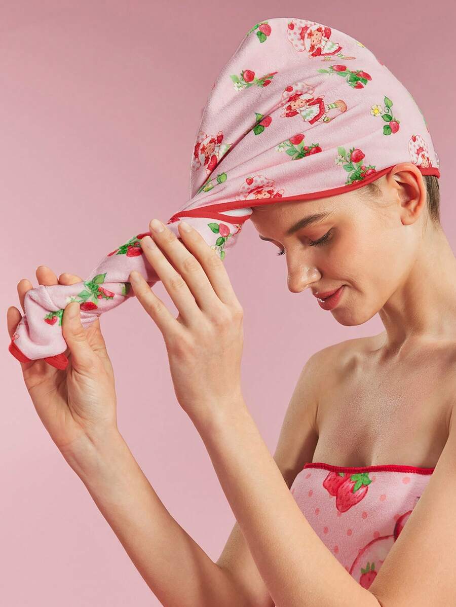 Strawberry Shortcake X SHEIN Cute Strawberry Printed Hair Drying Hat, Suitable For Any Hair Type & Length, Absorbs Water Quickly, Country Ditsy Floral Style, For Home Bathroom Summer Hair Bonnet