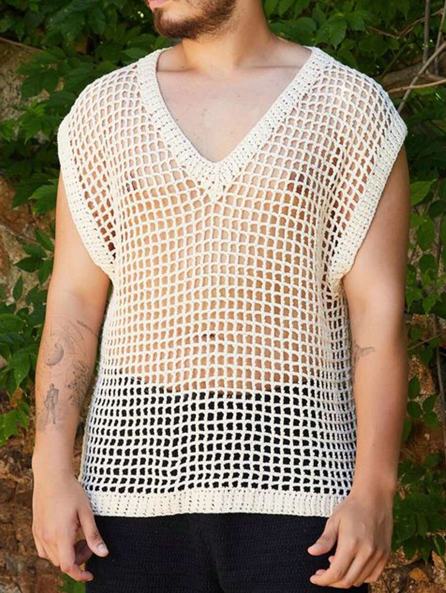 Manfinity Hypemode Men's Solid Color V-Neck Hollow Out Loose Knit Sweater Mesh Top Men