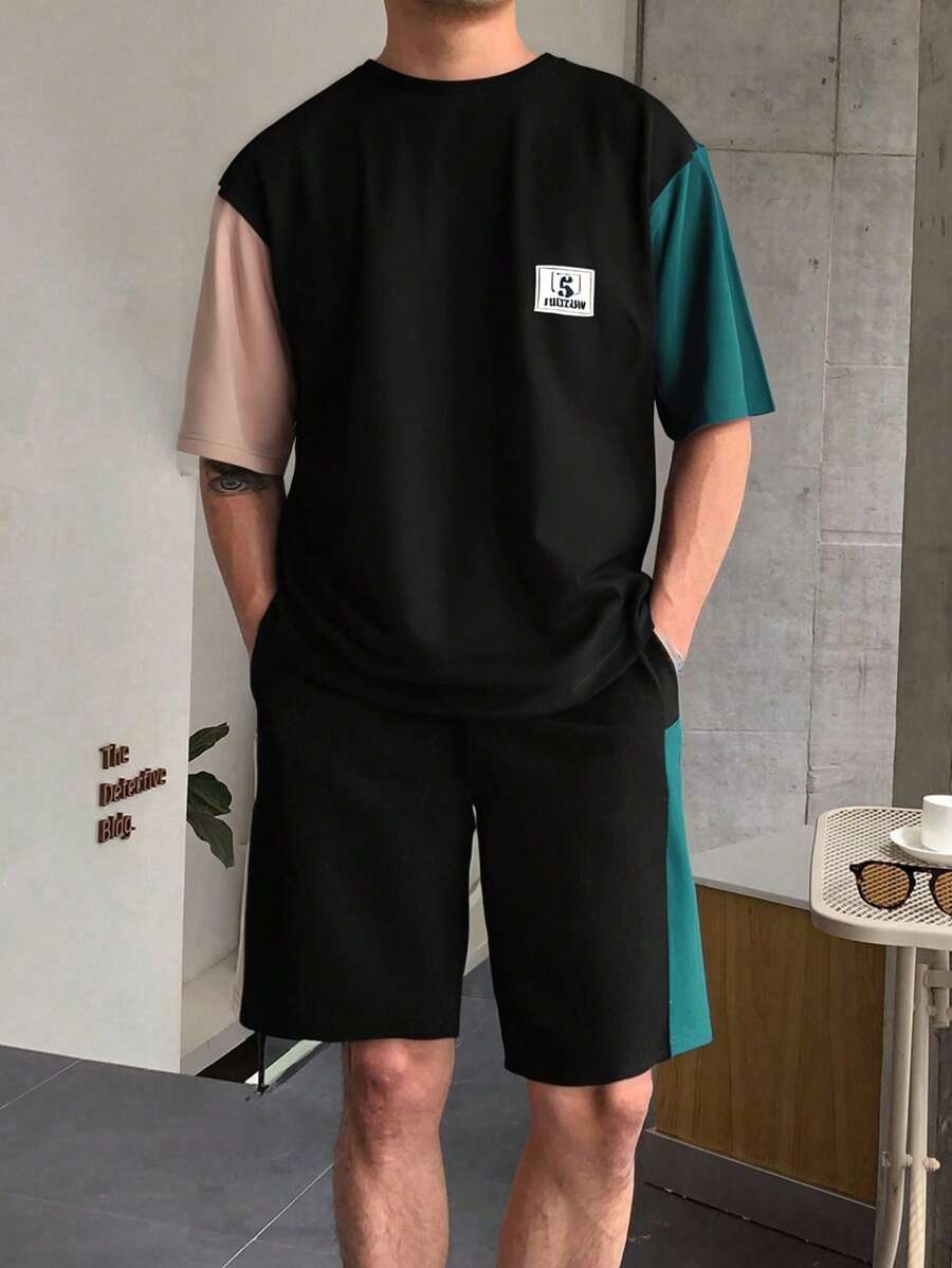 RueChic Conjunto de camisetas regulares de algodón para hombres con bloques de color y parches
