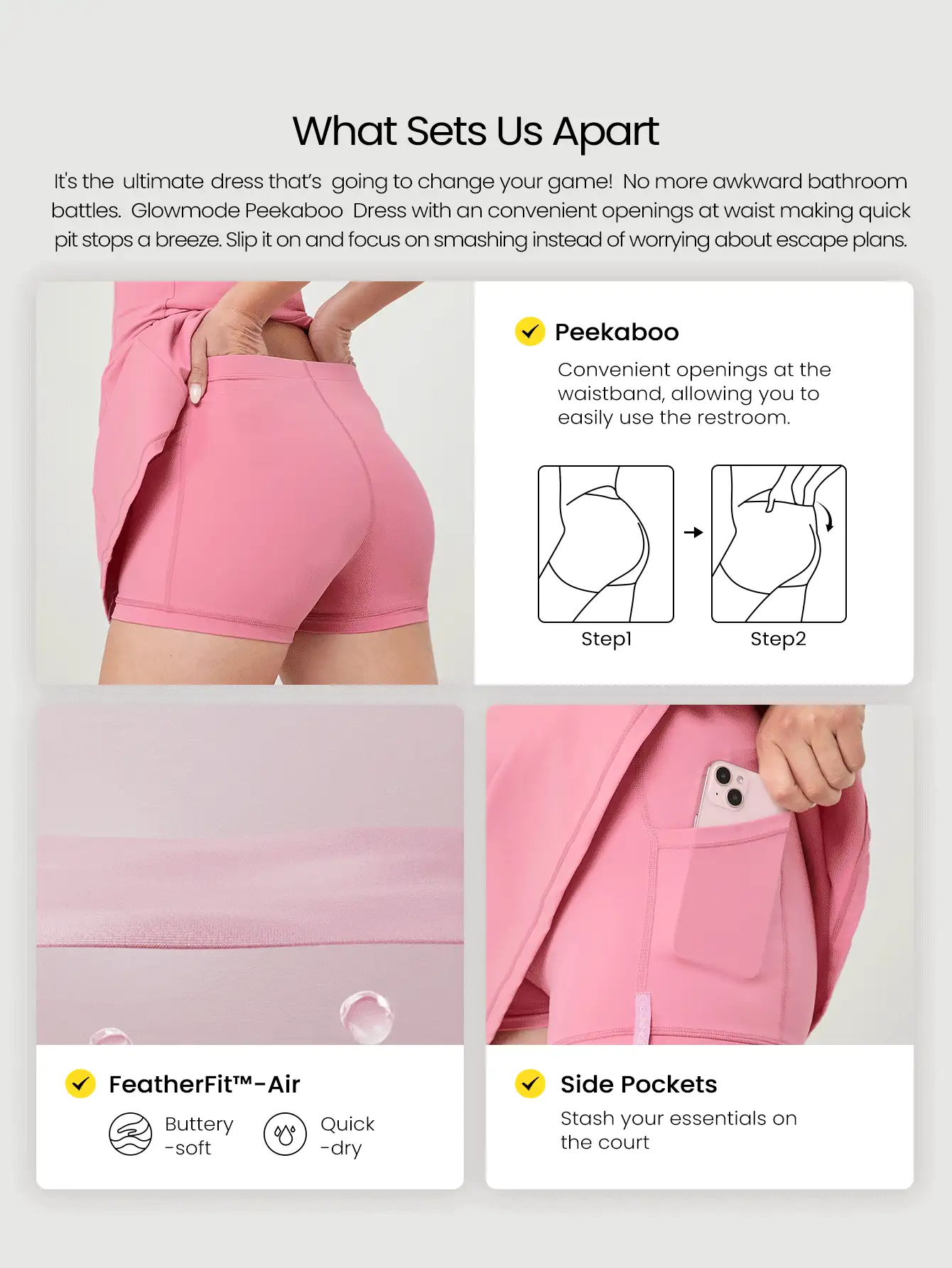 GLOWMODE Rochie mini FeatherFit™-Air Peekaboo, cu pantaloni scurți încorporați, decolteu pătrat de buzunar, anti-alunecare, încrucișat, susținere ușoară, impact redus, uscare rapidă, eliminarea umidității