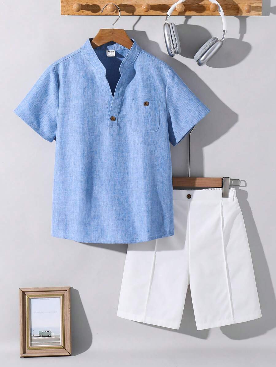 Ensemble de chemise à manches courtes à col en V casual et shorts pour garçons préadolescents