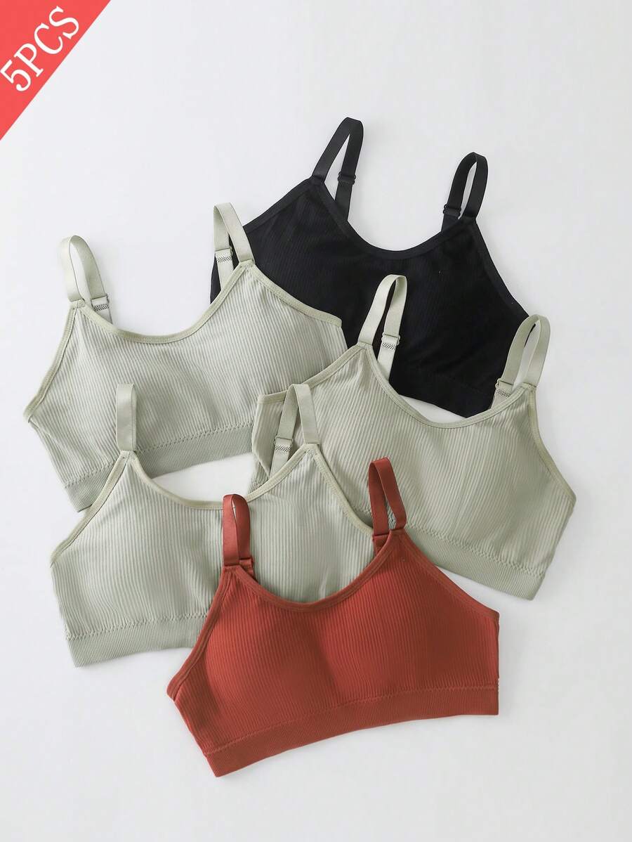 Set de 5 sujetadores deportivos casuales cómodos y elásticos de unicolor con copa acolchada para adolescentes chicas