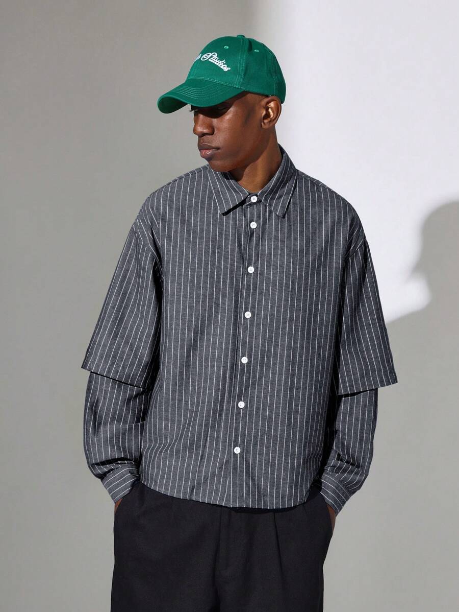 SUMWON Camisa de botones con mangas en capas y diseño de rayas profesional, uso casual de oficina apto para todas las estaciones, con un ajuste clásico y un moderno patrón de rayas