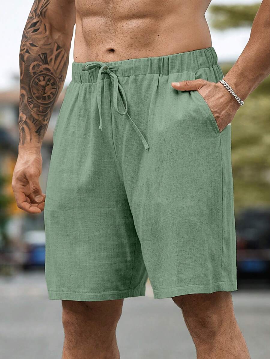 Manfinity RSRT Men's Plus Size Solid Color Drawstring Shorts With Pockets Summer Casual Linen Knee Plain Men Summer Shorts