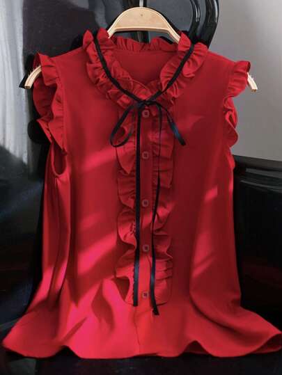 Franclia Sleeveless Ruffle Trim Casual Loose Blouse, Elegant Women's Red Summer Top