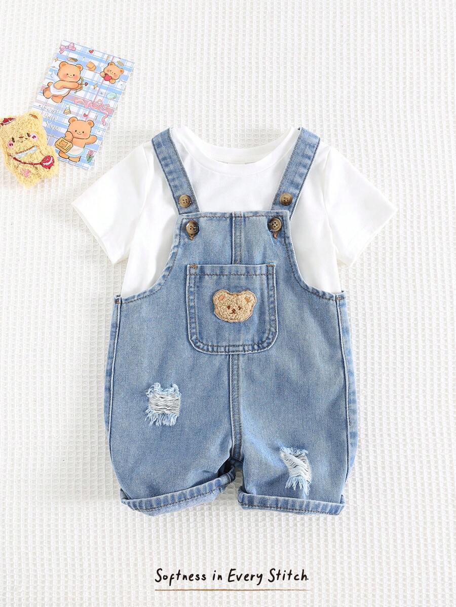 Cozy Pixies Salopette en jean délavé avec poche avant avec motif d'ours de dessin animé pour bébé garçon