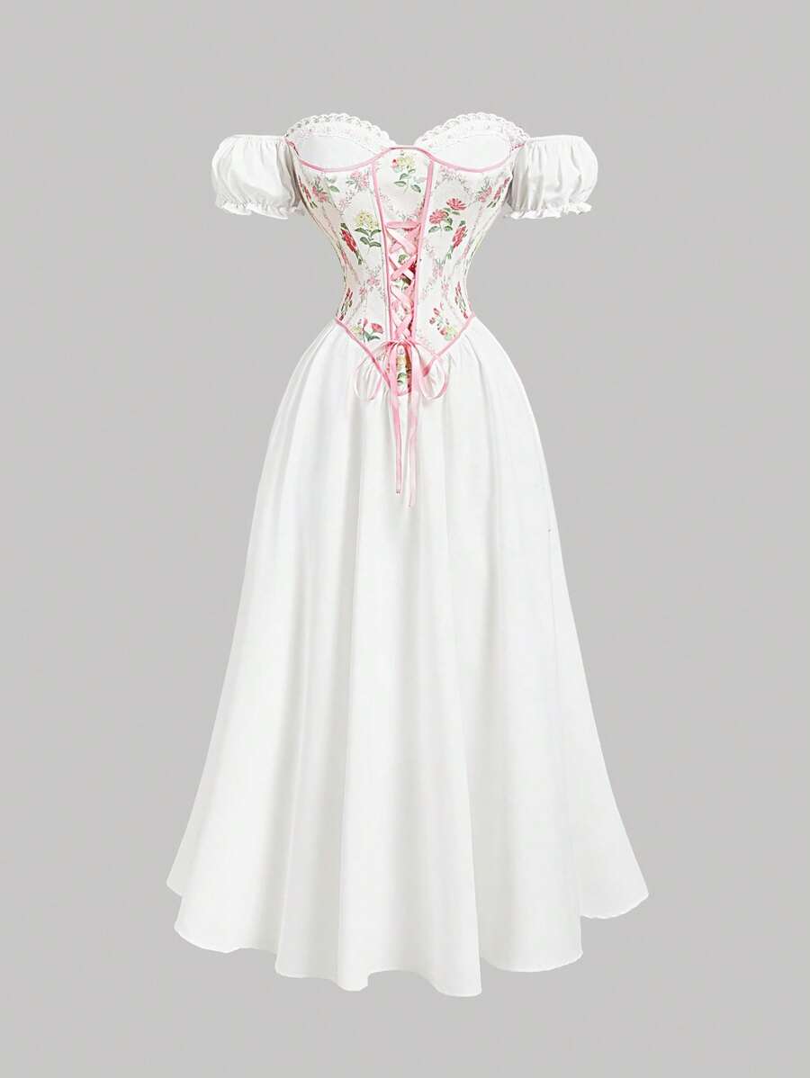 SHEIN MOD Vestido de lujo y soñador, romántico, con Top estilo corsé con volantes en cascada y lazo, hombros descubiertos, apropiado para citas, fiestas, vacaciones, té, cumpleaños, estilo retro palaciego