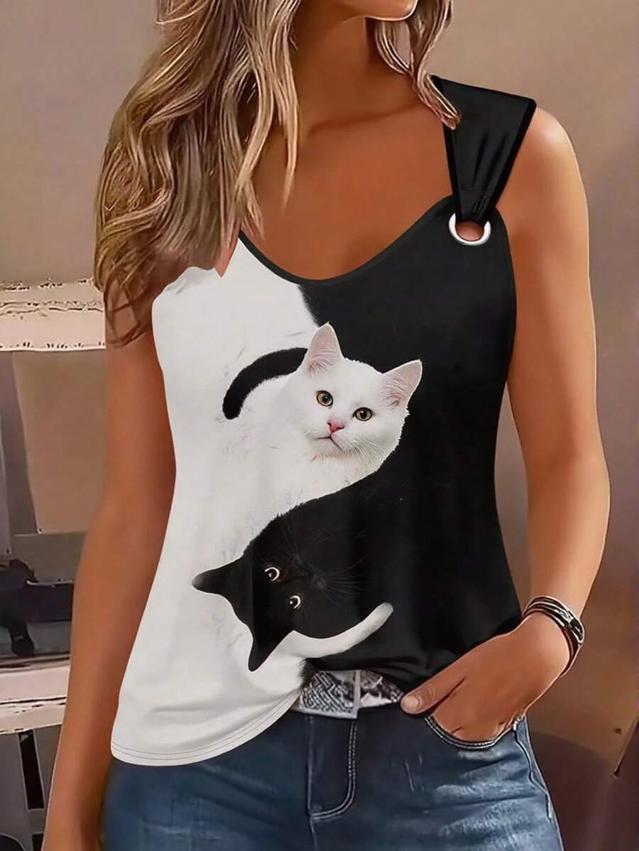 Women Cat Print Round Neck Casual Camisole