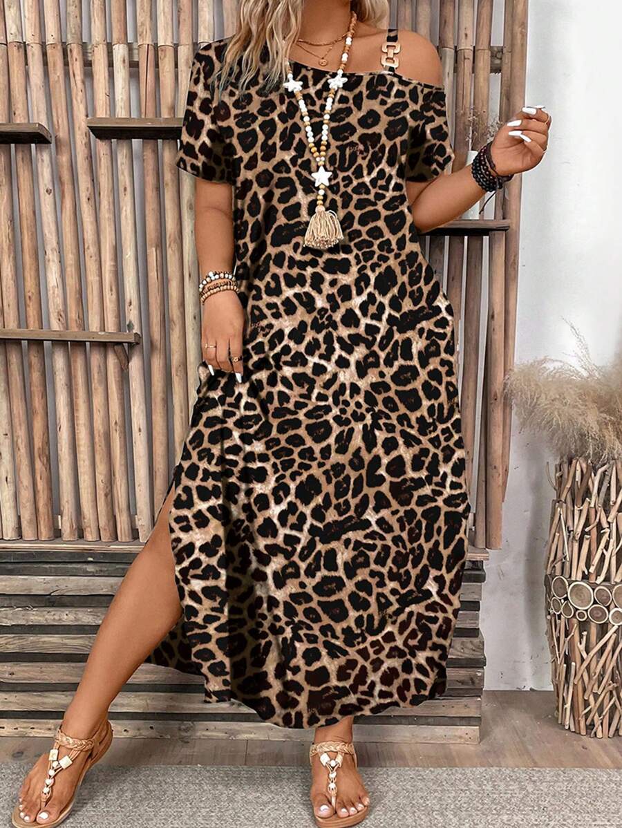 SHEIN LUNE Plus Size Women's Leopard Print Waist Dress, Flattering Design For Curvy Ladies, New Model 2025, Summer