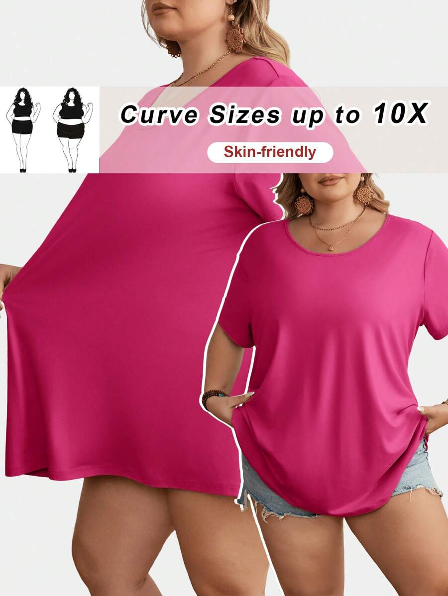 SHEIN CURVE+ Große Größen Lässig Einfarbig Locker Sitzende Kurzarm T-Shirt