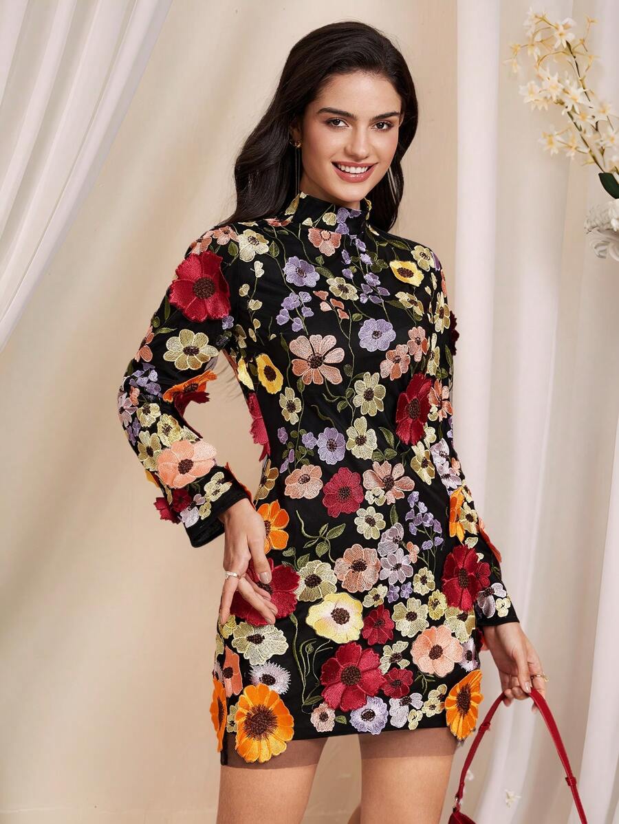 Almamuse Vestido corto minimalista para mujer con cuello alto, manga larga y bordado en red