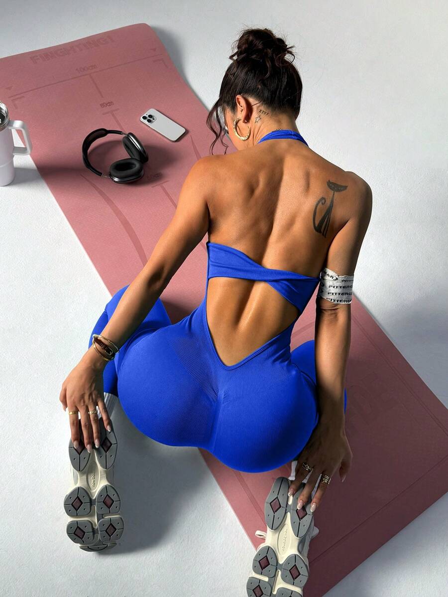 Slayoga Women's Solid Color Hollow Back Casual Fitness Jumpsuit Women Sports Outfit