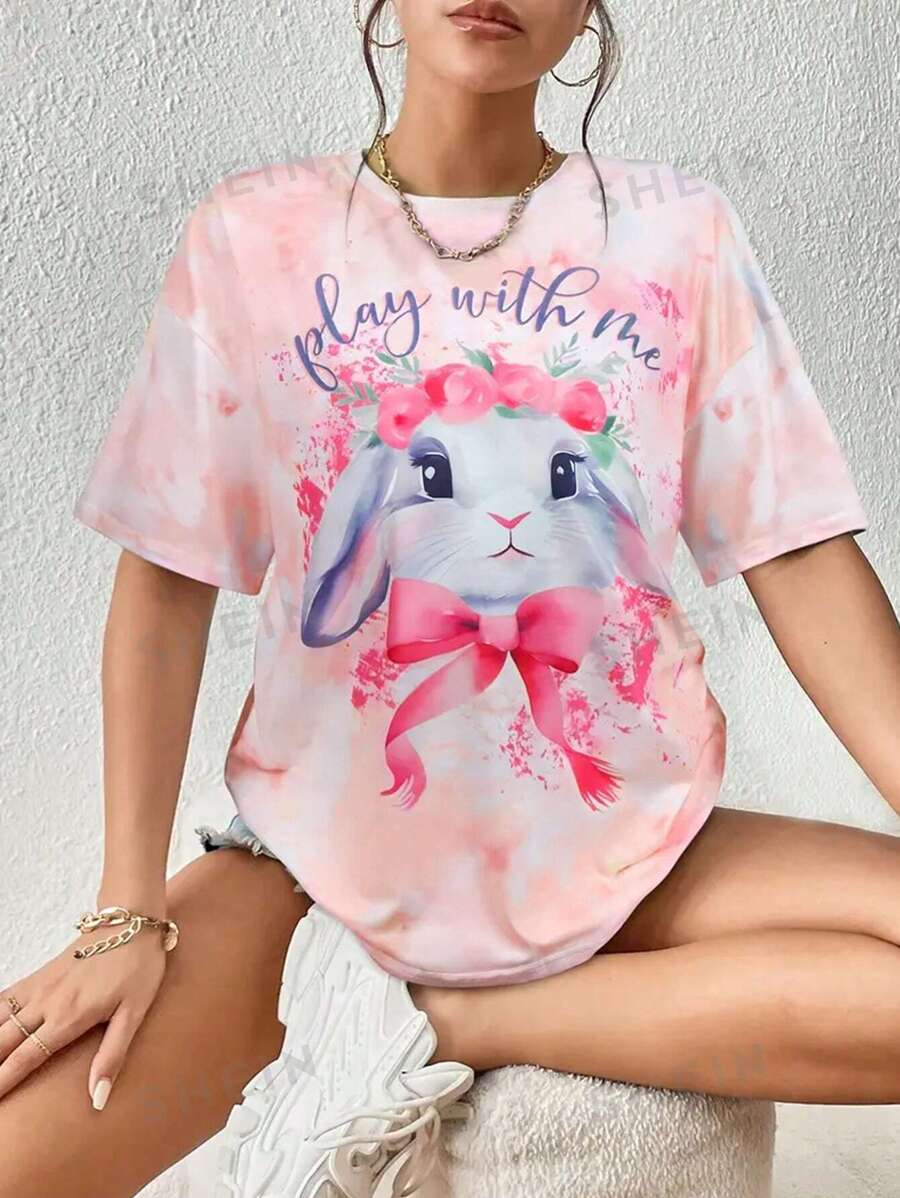 INAWLY Camiseta suelta y oversize con estampado de conejo para mujeres