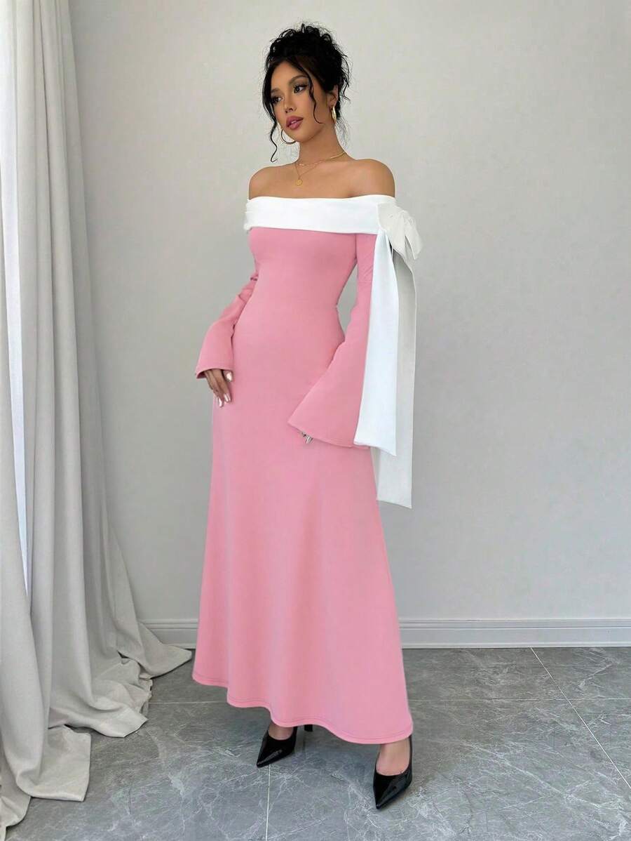 Rafferiza Abito lungo elegante da donna con decorazione a fiocco, maniche lunghe, bianco e nero
