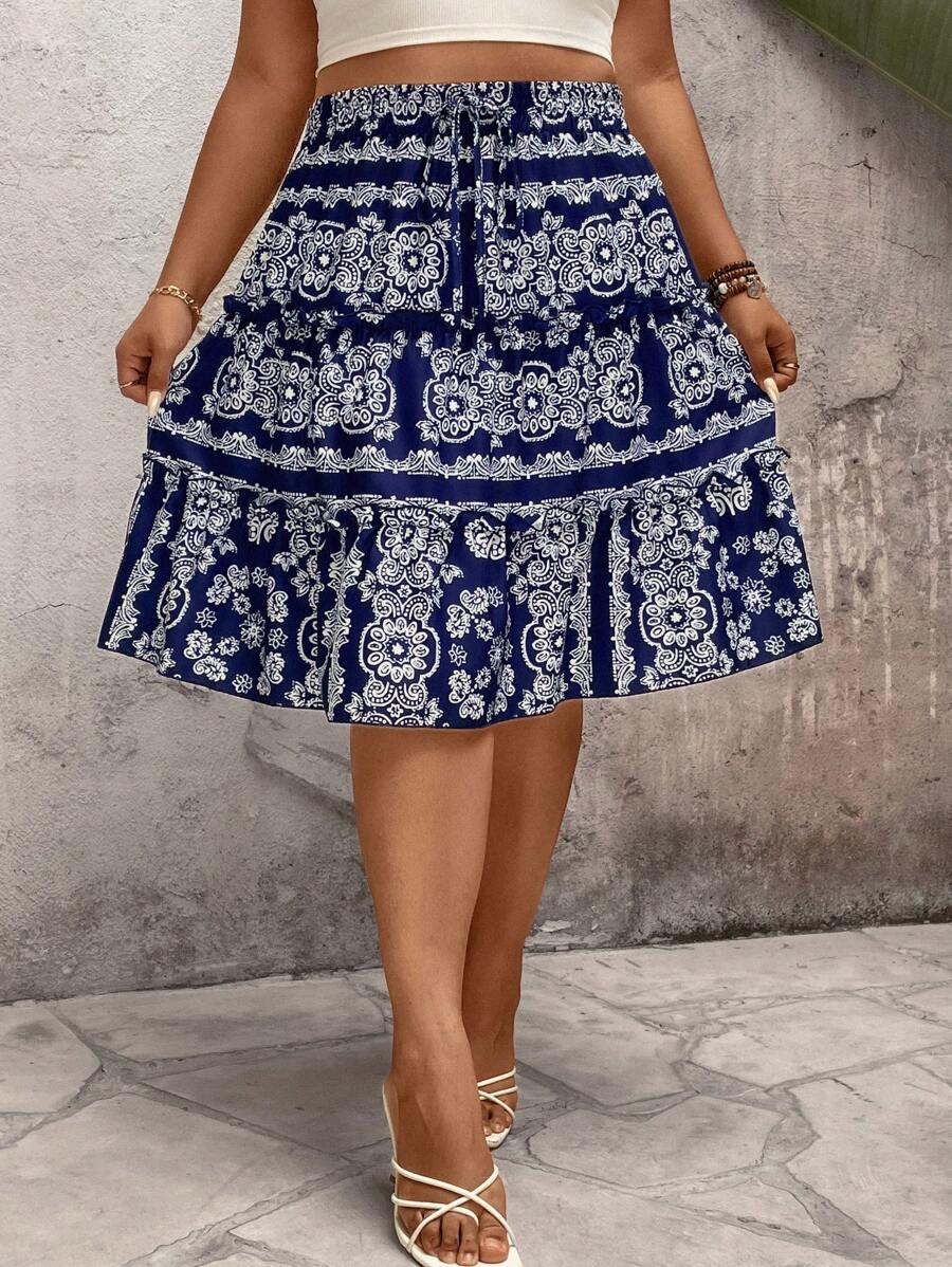 SHEIN LUNE Gonna casual con vita alta a-line, multicolore, con coulisse, multifunzionale, per vacanze, taglie comode