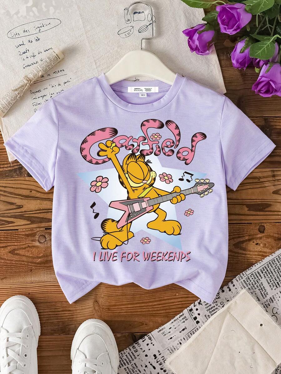 GARFIELD X SHEIN Tween Girl Cute Cartoon Graphic Casual Simple Short Sleeve T-Shirt, Suitable For Summer