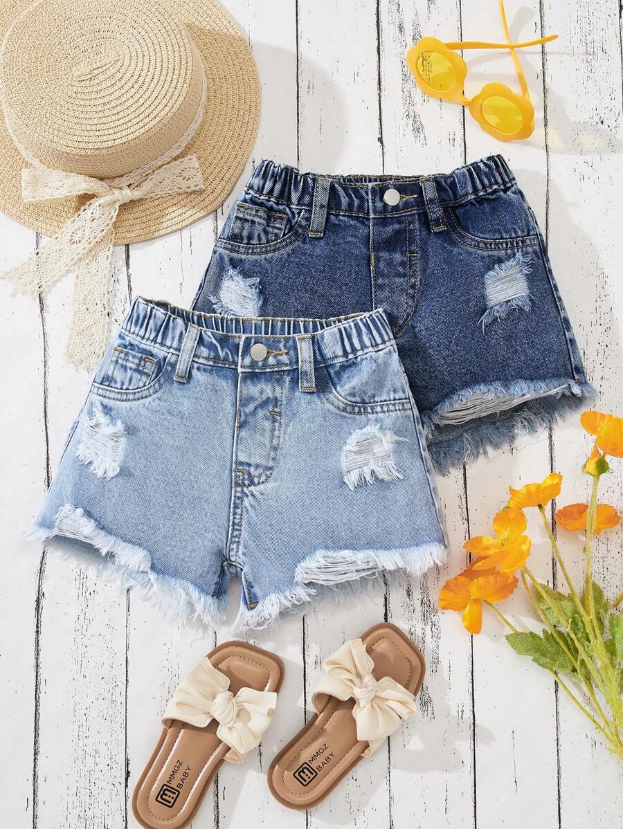 SHEIN Set de 2 pantalones cortos vaqueros desgastados en azul marino y azul claro para niñas jóvenes