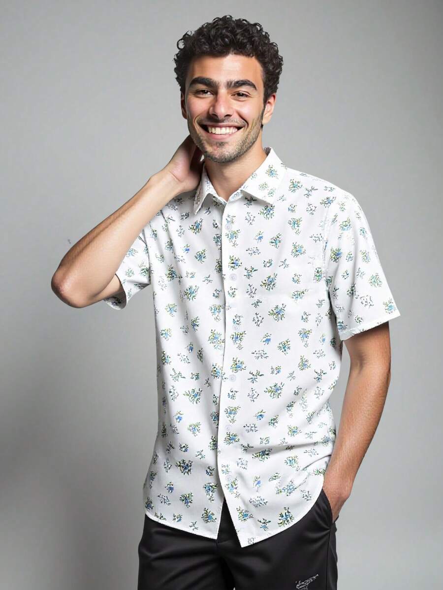 Men's New Spring/Summer Short Sleeve Blue Ditsy Floral White Shirt, Pastoral Style Gentleman Shirt For Everyday Wear, Family Matching Outfits Mommy And Me (3 Pieces Are Sold Separately)