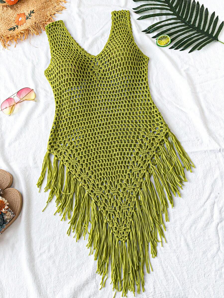 SHEIN Swim Copri-costume da spiaggia traforato lavorato a maglia con frange, ideale per le vacanze