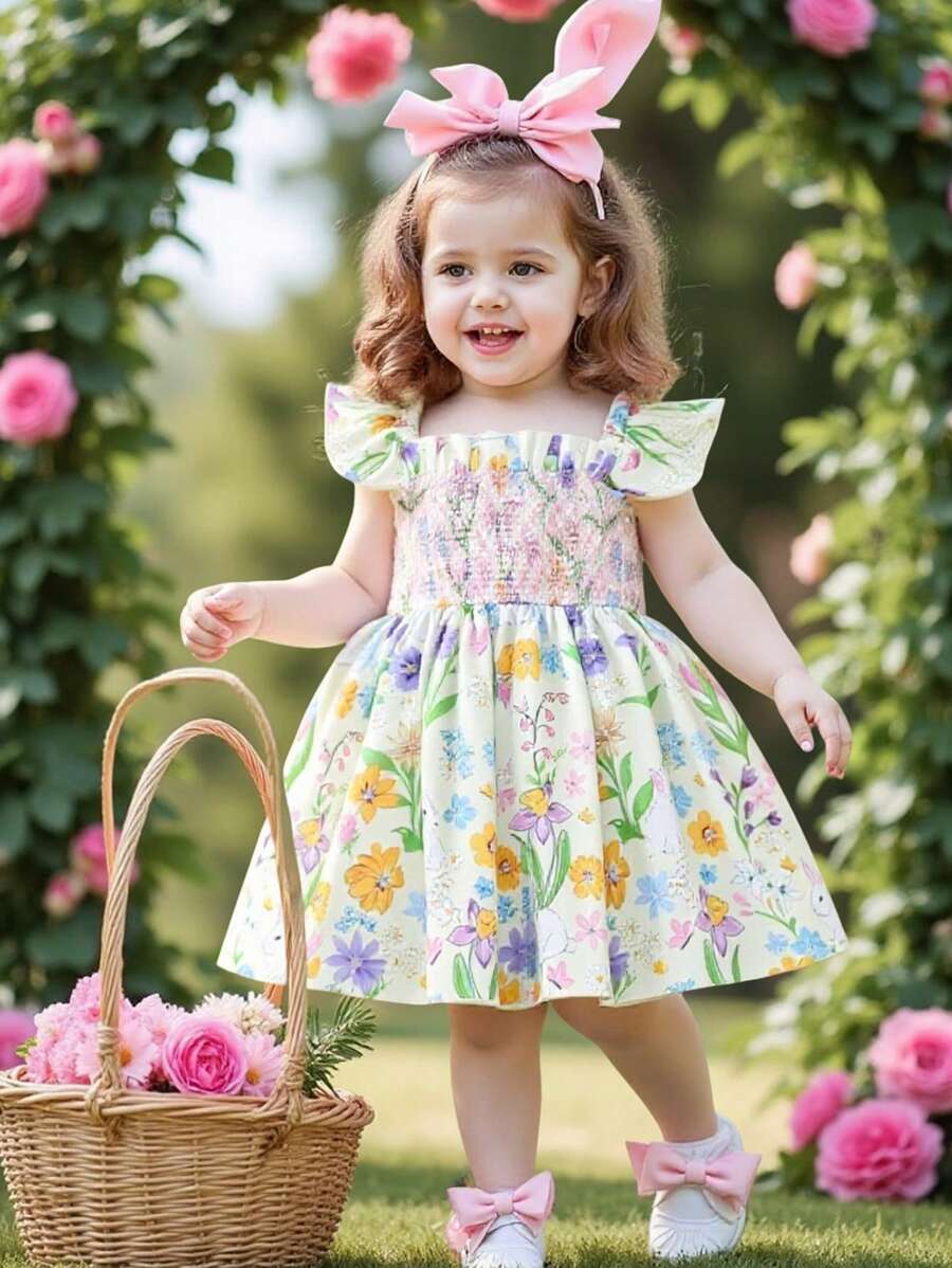 Baby Girls' Rabbit & Floral Print Ruffle Trim Cami Sundress, Soft Comfy Casual Vacation Style For Spring/Summer, Easter