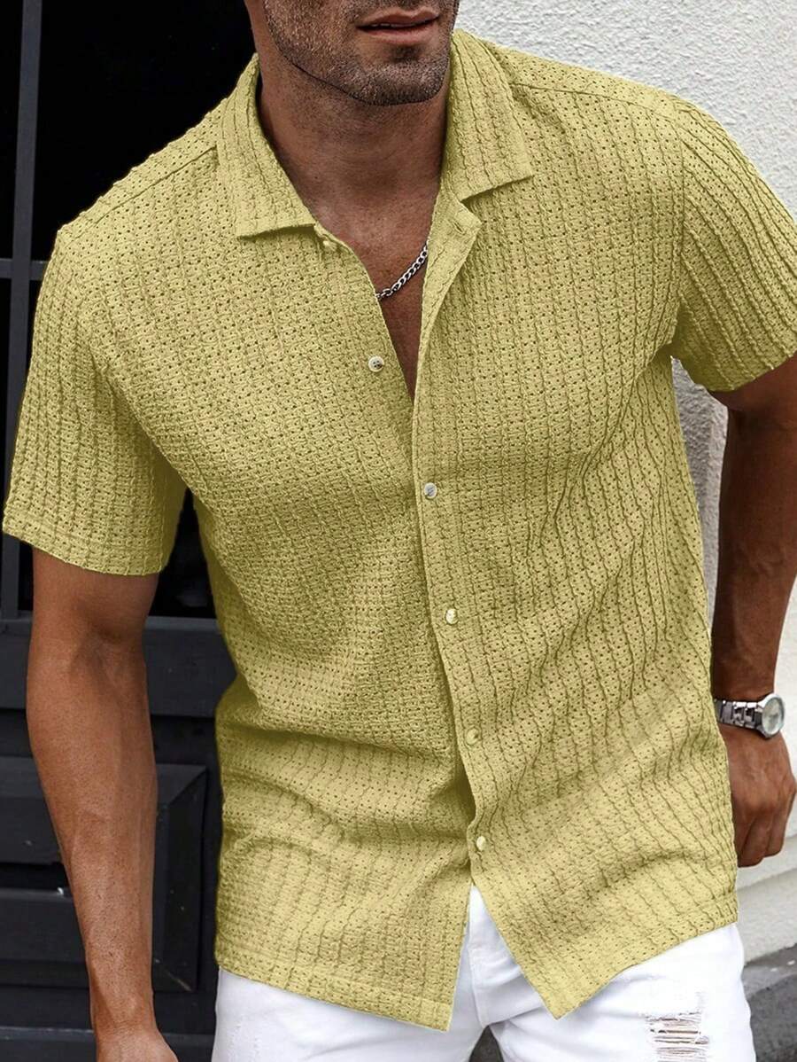 Manfinity CasualCool Camisa de hombre informal de manga corta cubana tipo pulóver, de malla texturizada de unicolor, para el verano