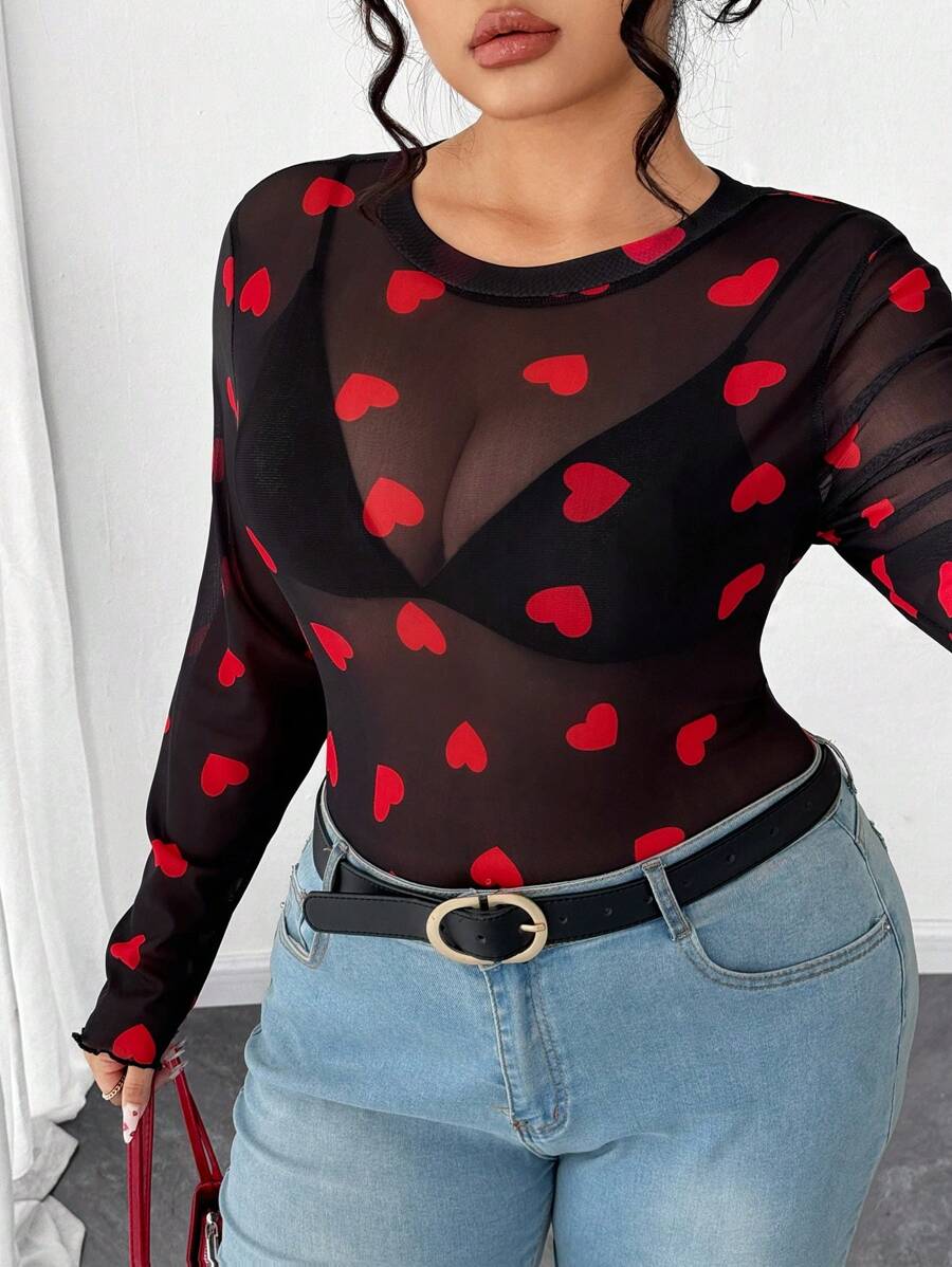 Elenzga Plus Size Sexy Heart Mesh Bodysuit, Stylish Fitted Long Sleeve Graphic Tee, Slim Fit Heart Mesh Top