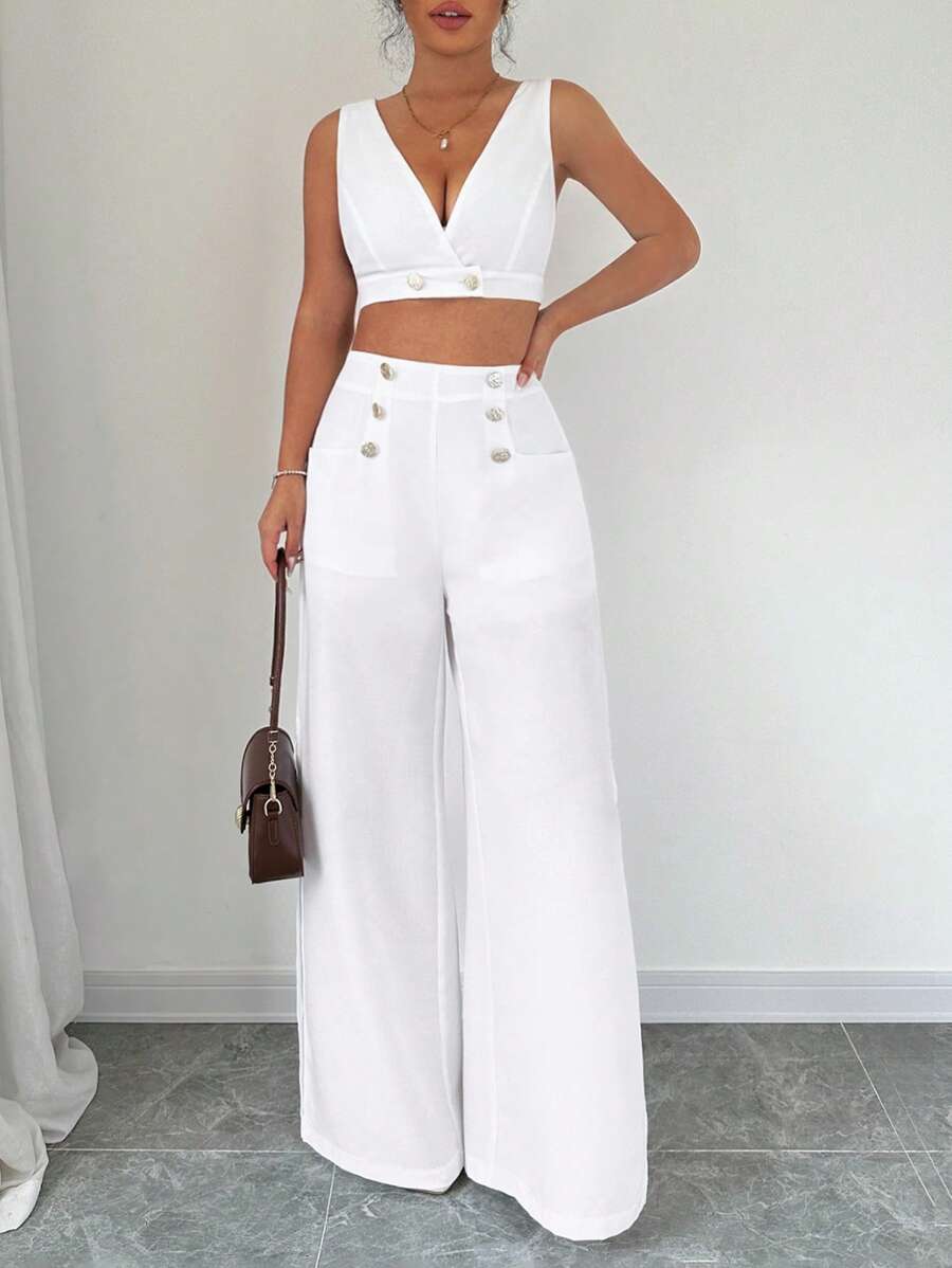 Elenzga 2 pezzi Set di donne elegante composto da top smanicato con scollo a V e pantaloni lunghi con tasche con bottoni