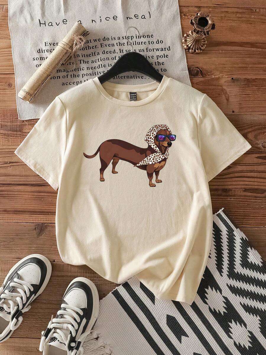 Attitoon Casual Minimalist Dachshund Print Round Neck Loose Short Sleeve T-Shirt For Women, Suitable For Summer