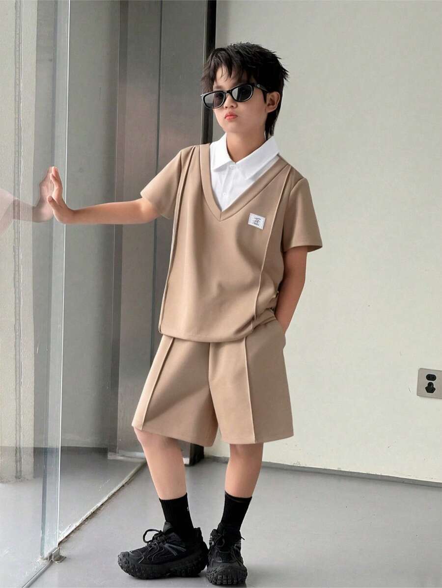 2 Stücke/Set Lässig Polokragen 2 in 1 Strick Kurzarm T-Shirt und Shorts Set für Tween Jungen, geeignet für Pendeln, Schule, alltägliche Freizeitaktivitäten, Sport, Frühling/Sommer