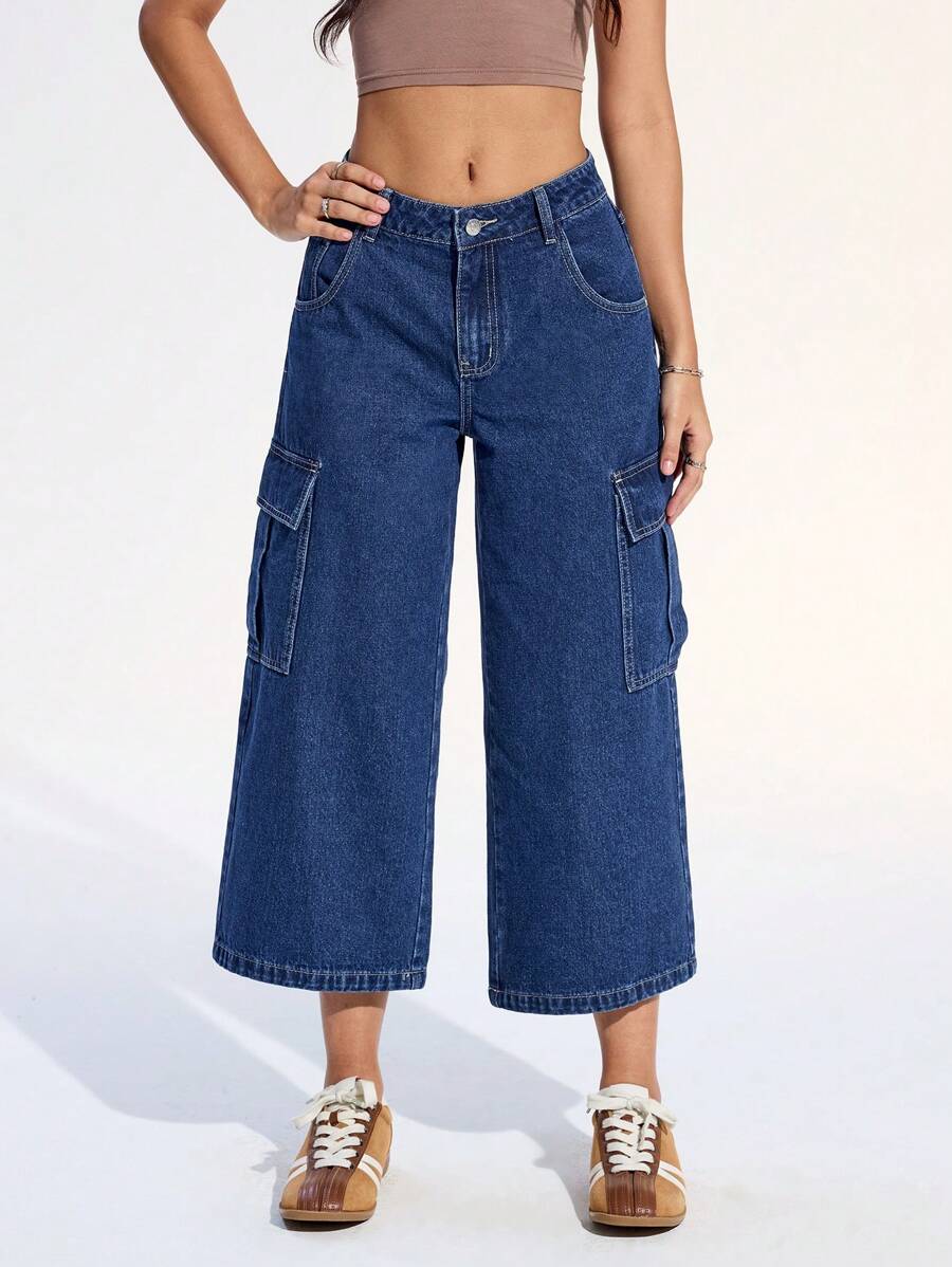 SHEIN EZwear Jeans amples à jambe large avec rabat de poche pour femmes, pour un usage quotidien casual
