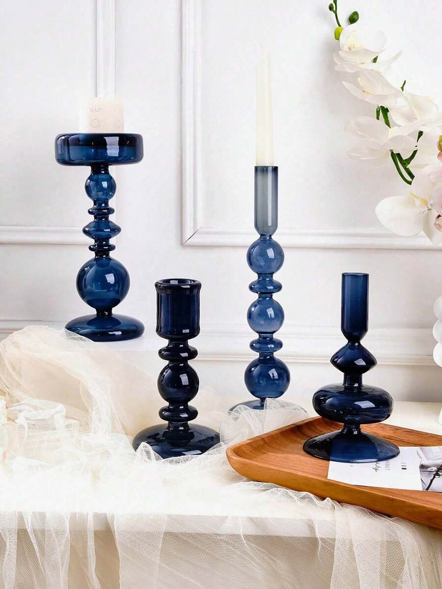 SHEIN 1pc European Style Simple Crystal Glass Candle Holder, Striped Long Pole Round Ball Shape Home Decorative Candlestick, Suitable For Dining Table And Decoration For Home, Hotel, Wedding, Etc.,Room Decor,Gifts