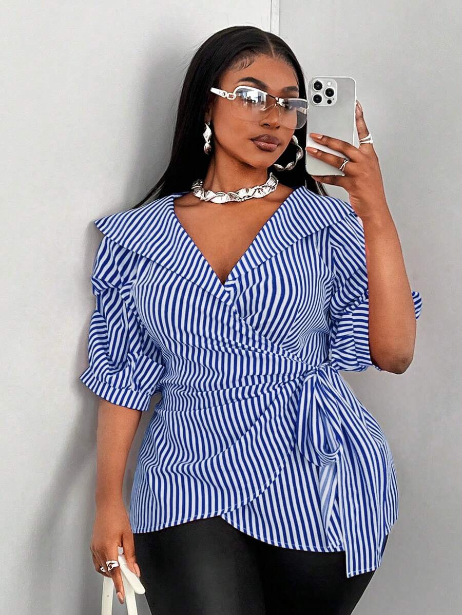 Maweii Plus Size Summer Fashionable Striped Tie-Front Wrap Shirt