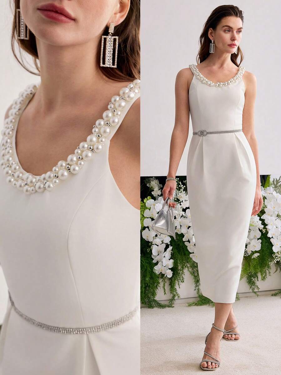 MOTF PREMIUM VESTIDO CON DECORACIÓN DE PERLA ARTIFICIAL