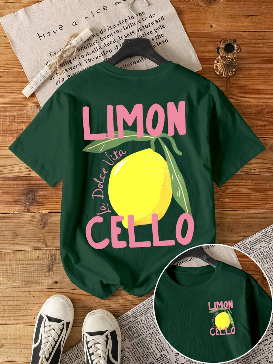Camiseta casual de manga corta con cuello redondo y estampado de letras y limones para mujer de talla grande