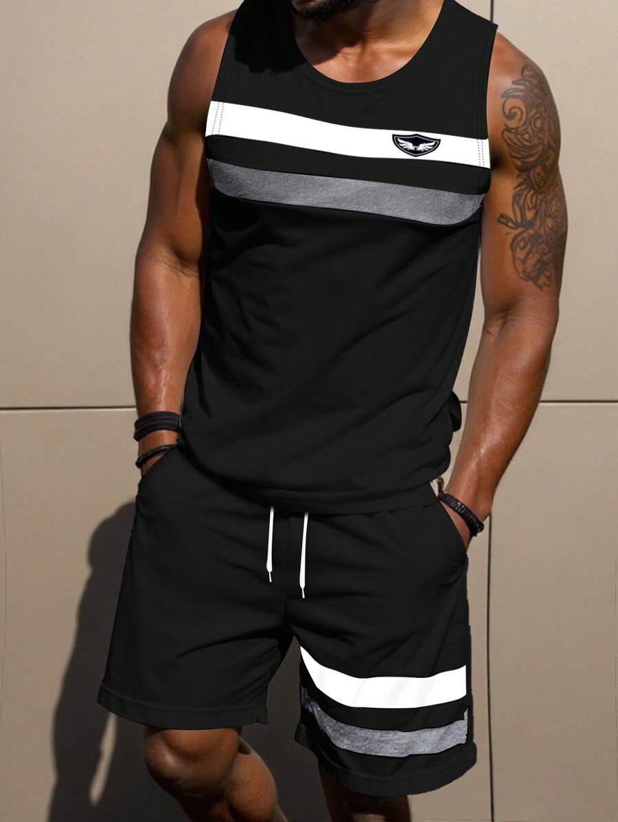 Manfinity Homme Set di gilet e pantaloncini casual da uomo in stile urban con design a righe e patchwork