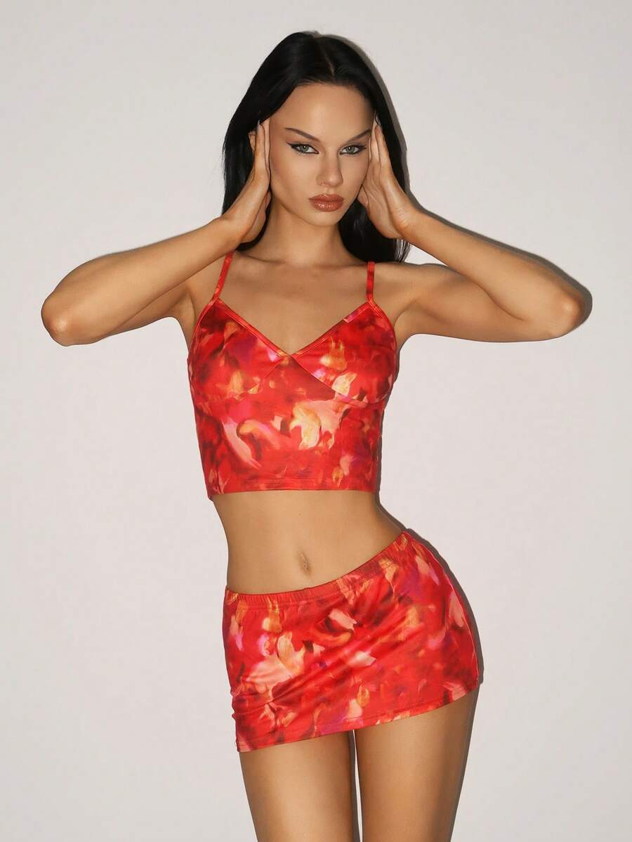 SHEIN ICON Set di canotta senza maniche con scollo a V e gonna aderente corti con stampa retrò, stile vacanziero, per l'estate