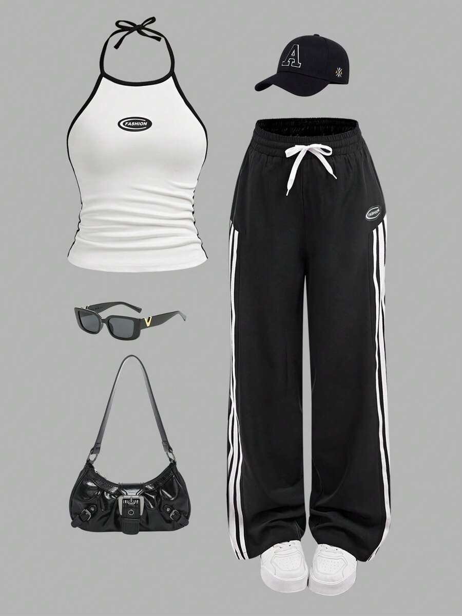SHEIN 2 Stücke/Set für Teenager Mädchen Lässiger Sport Buchstaben & Symbol Muster weiß ärmellos Strick-Trägertop und weite Hose mit Kordel Dekor, vielseitige Sommer Mode