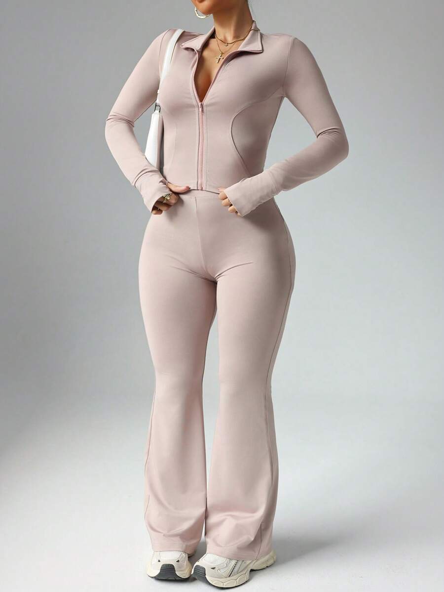 Rhythm Era 2 Peças/Conjunto Jaqueta com Capuz e Zíper Frontal Casual Plus Size para Mulheres & Calça Flare de Cintura Alta, Design com Orifício para Polegar