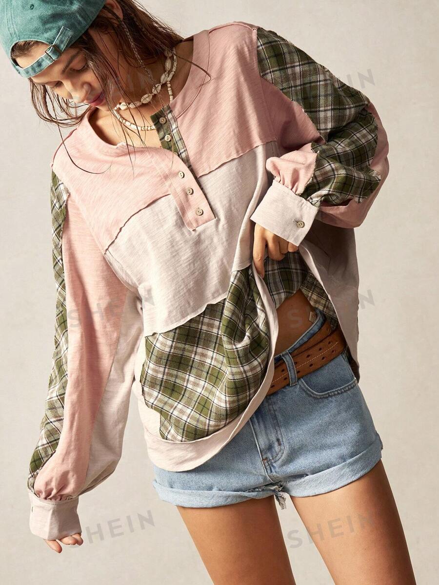 Bohemela Sudadera de cuello redondo holgada con bloques de color en contraste para mujeres en vacaciones