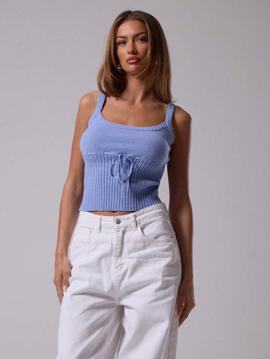 MUSERA Camiseta ajustada con escote cuadrado con lazo en la parte delantera, de punto acanalado, para primavera y verano, diseño lindo para vacaciones, estilo 90s y 2000, para uso diario, casual, de vacaciones o aeropuerto