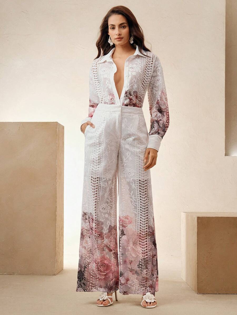 Anewsta Completo elegante e di nicchia con blusa a maniche lunghe con stampa floreale colorata in pizzo e pantaloni a zampa, adatto per primavera/estate, festival, vacanze