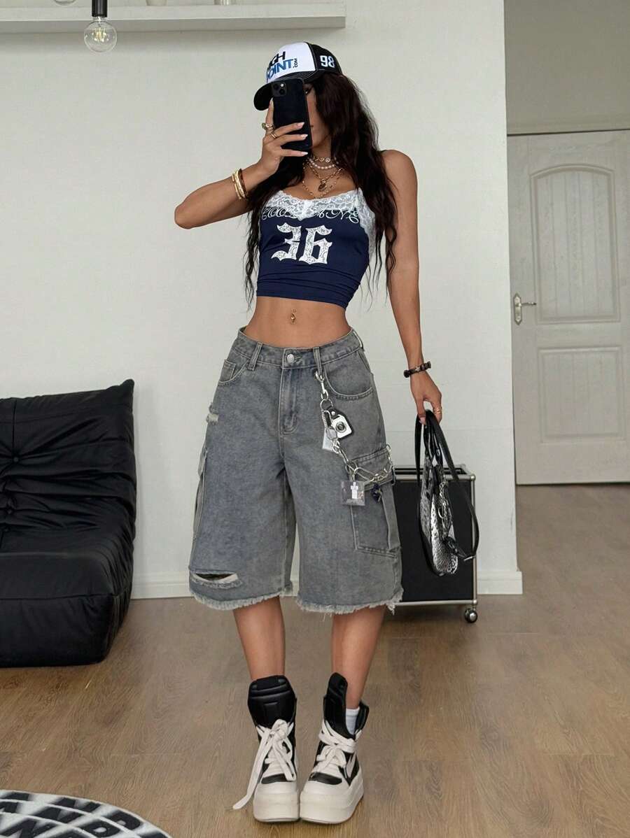 Coolane Casual losse denim shorts met wijde pijpen voor dames met meerdere klepzakken en gerafelde zoom